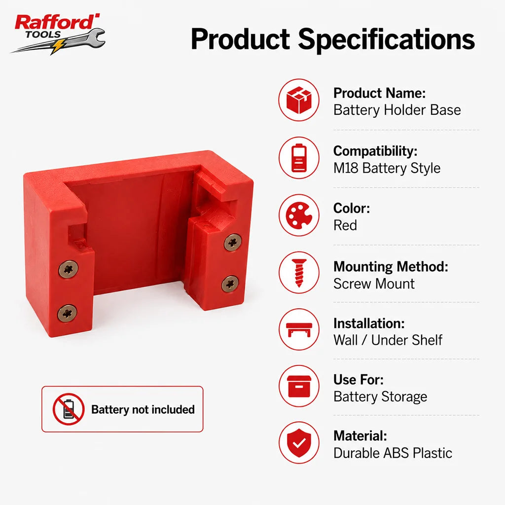 Rafford 1PC Battery Holder Compatible with Milwaukee M18 Batteries, Wall Mount Under-Shelf Storage Rack for Garage Workshop