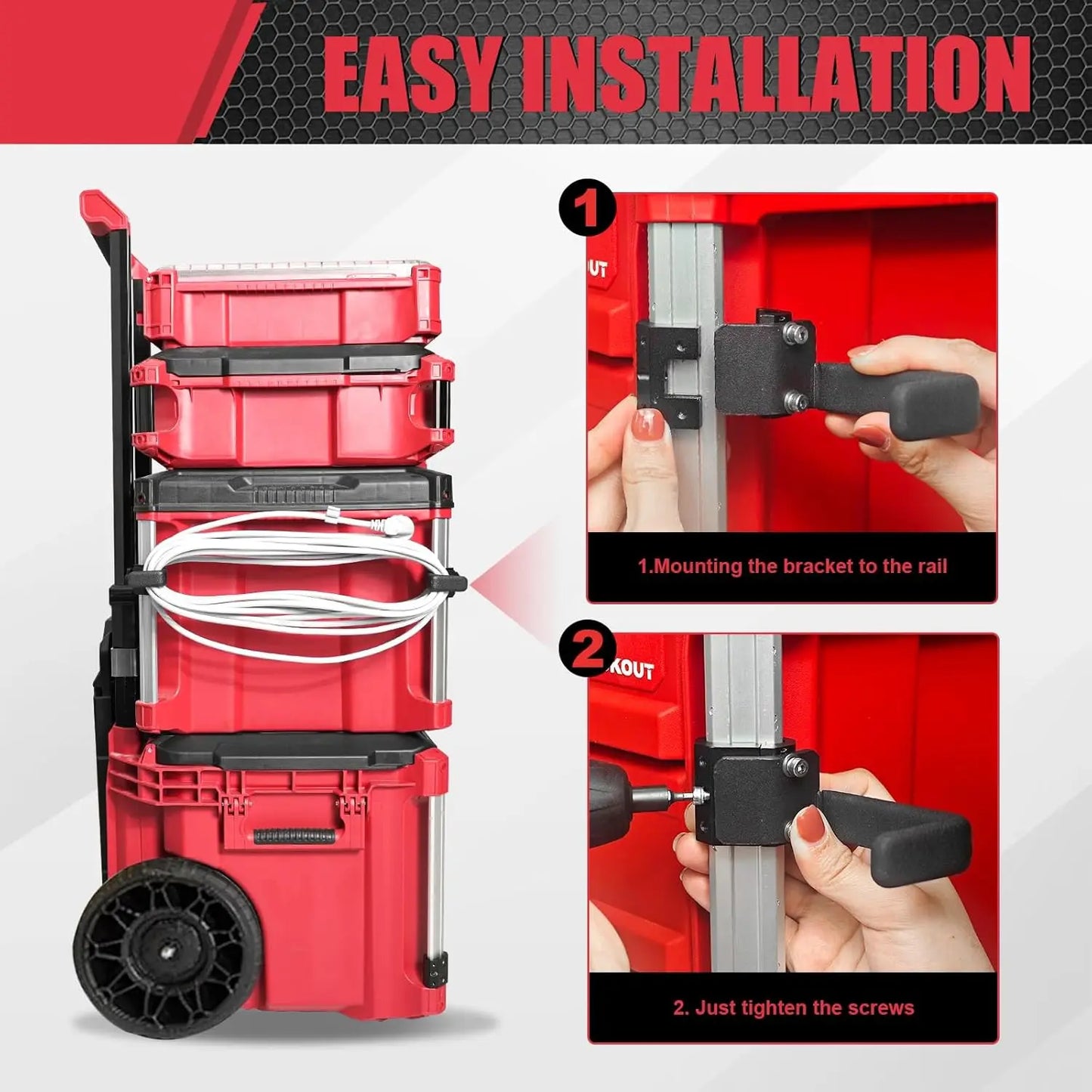 Extension Cord Holder Compatible with Milwaukee Packout Toolbox, Cord Storage Organizer, Space-Saving Corner Rail Clips