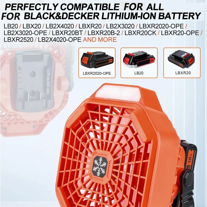 Cordless Fan with Remote Dimmable LED Light  3 Speeds Camping Fan for 18V Makita/Dewalt/Bosch Milwaukee /Black Decker /craftsman