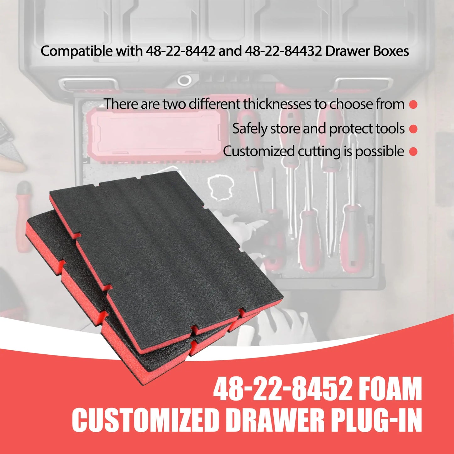 Foam Tool Organizer Inserts Compatible with Milwaukee 48-22-8442 and 48-22-84432 Drawer Boxes,Shockproof Red & Black Foam Insert