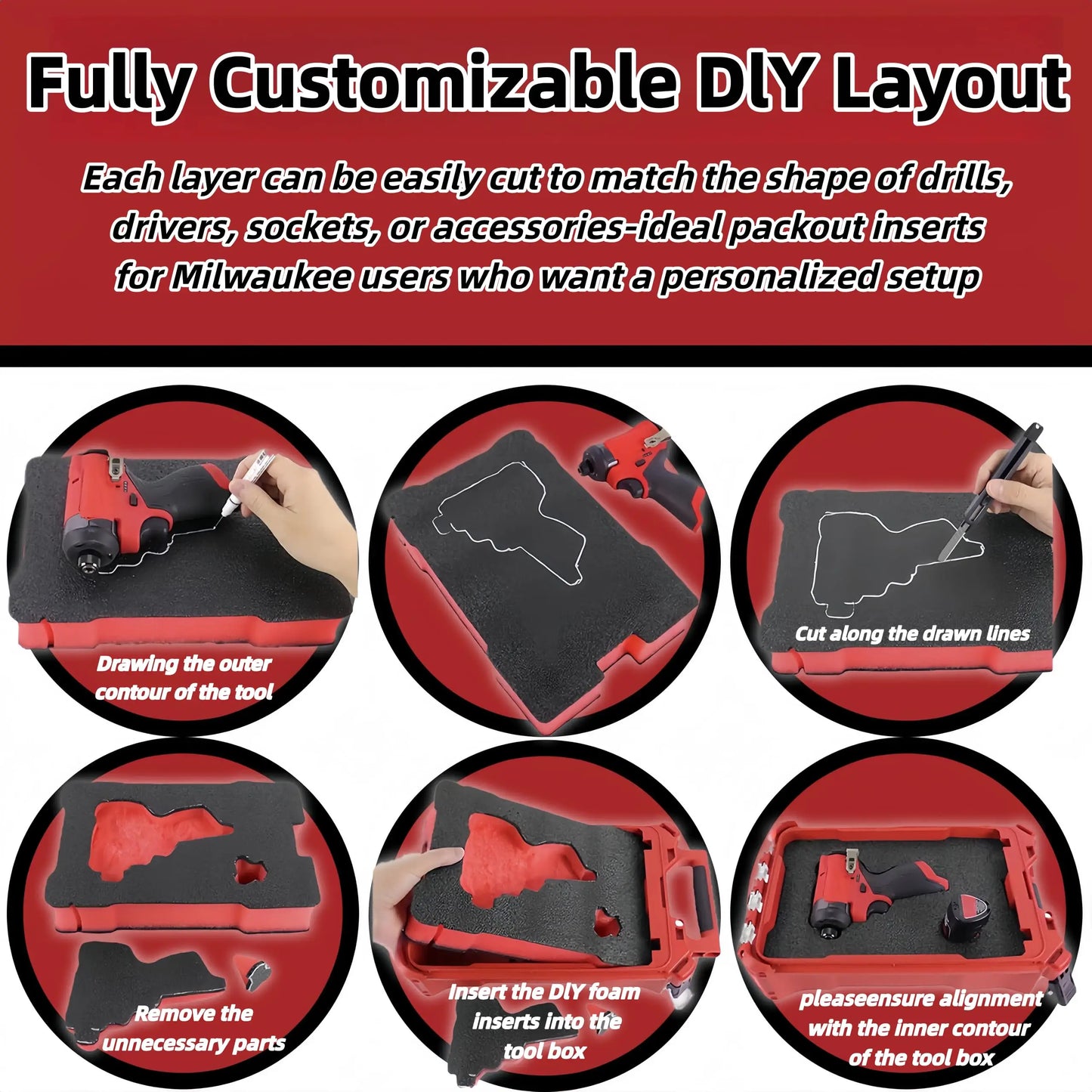 Foam Inserts Compatible with Milwaukee Packout 48-22-8435 Tool Box，Red & Black Foam Inserts, DIY Cut-to-Fit Protection