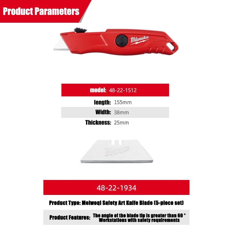 Milwaukee Rounded corner safety knife, automatic retractable pocket knife, art knife tool accessories 4932471360/48-22-1512