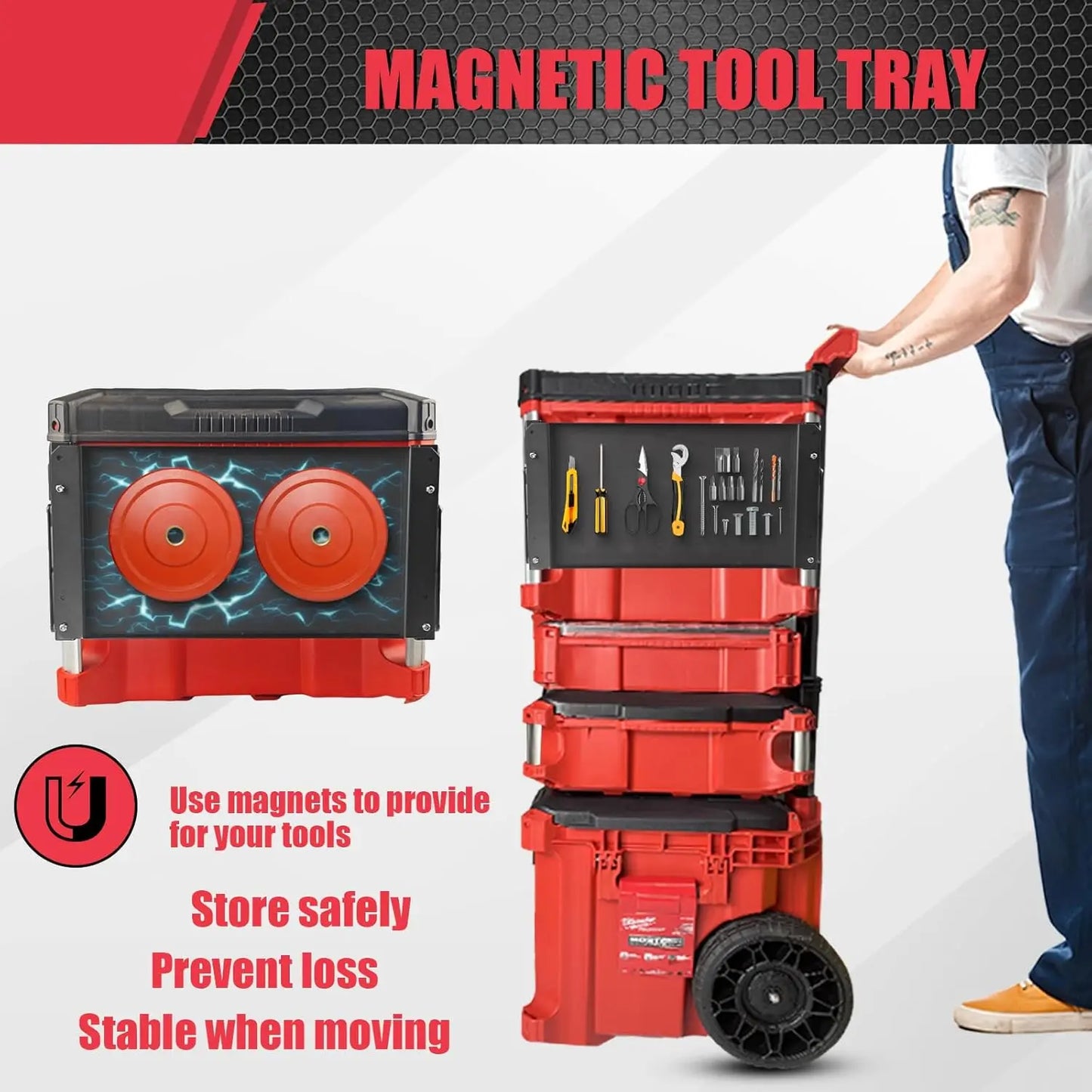 Powerful Folding Magnetic Table Compatible with Milwaukee Packout Toolbox, Tool Tray Side on PACKOUT System
