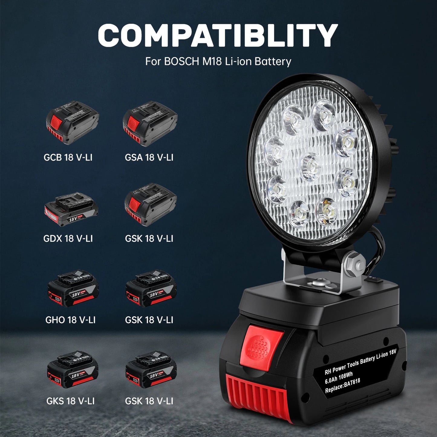 9 LED Portable Work Light Tool Lamp Suitable for Bosch/Dewalt/Milwaukee/Makita 18V Li-On BATTERY