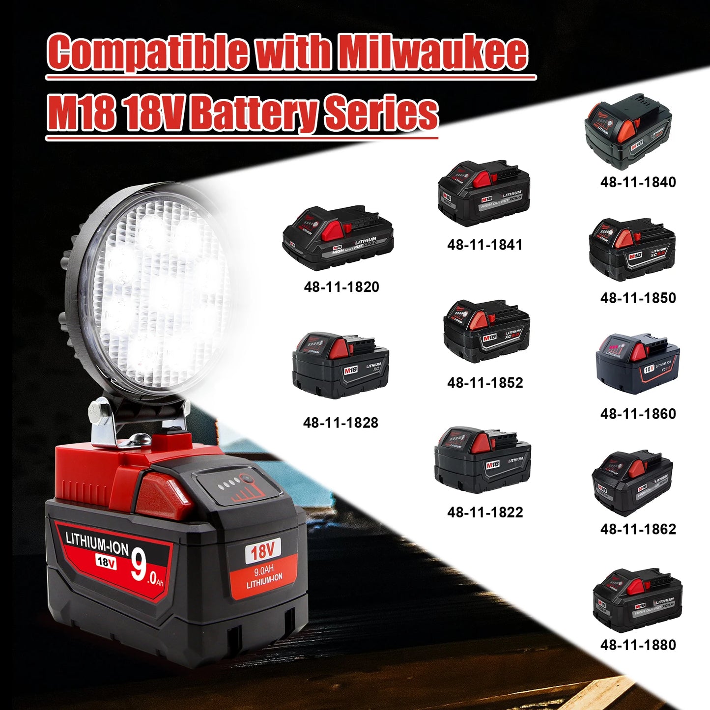 9 LED Portable Work Light Tool Lamp Suitable for Bosch/Dewalt/Milwaukee/Makita 18V Li-On BATTERY