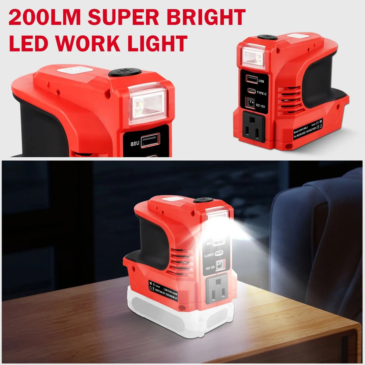 Inverter For Milwaukee 18V Battery AC 110V 180W USB QC3.0 Type C PD3.0 DC Port 12V 8A LED Light Car Charger