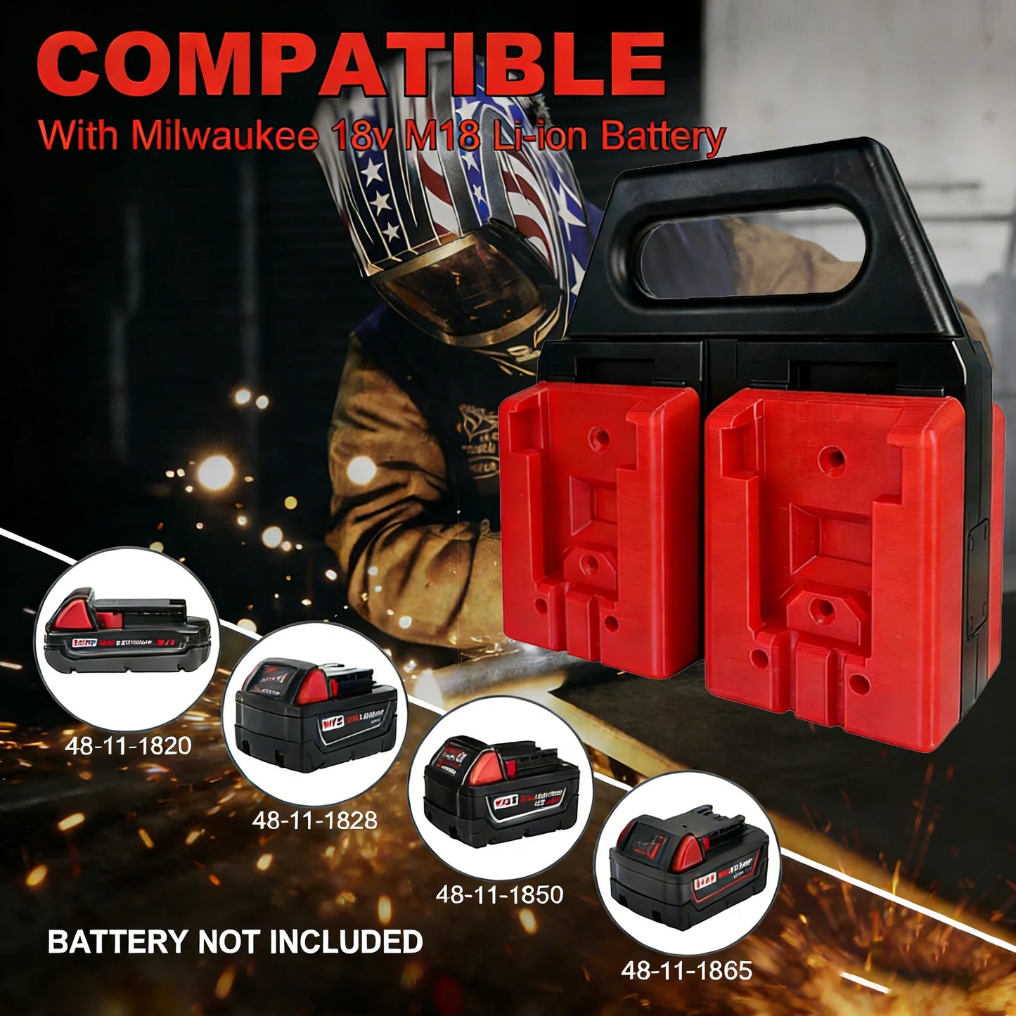 Battery Storage Holder for Milwaukee M18 18V Batteries, Portable 4-Slot Battery Carrier Organizer for Workshop & Jobsite