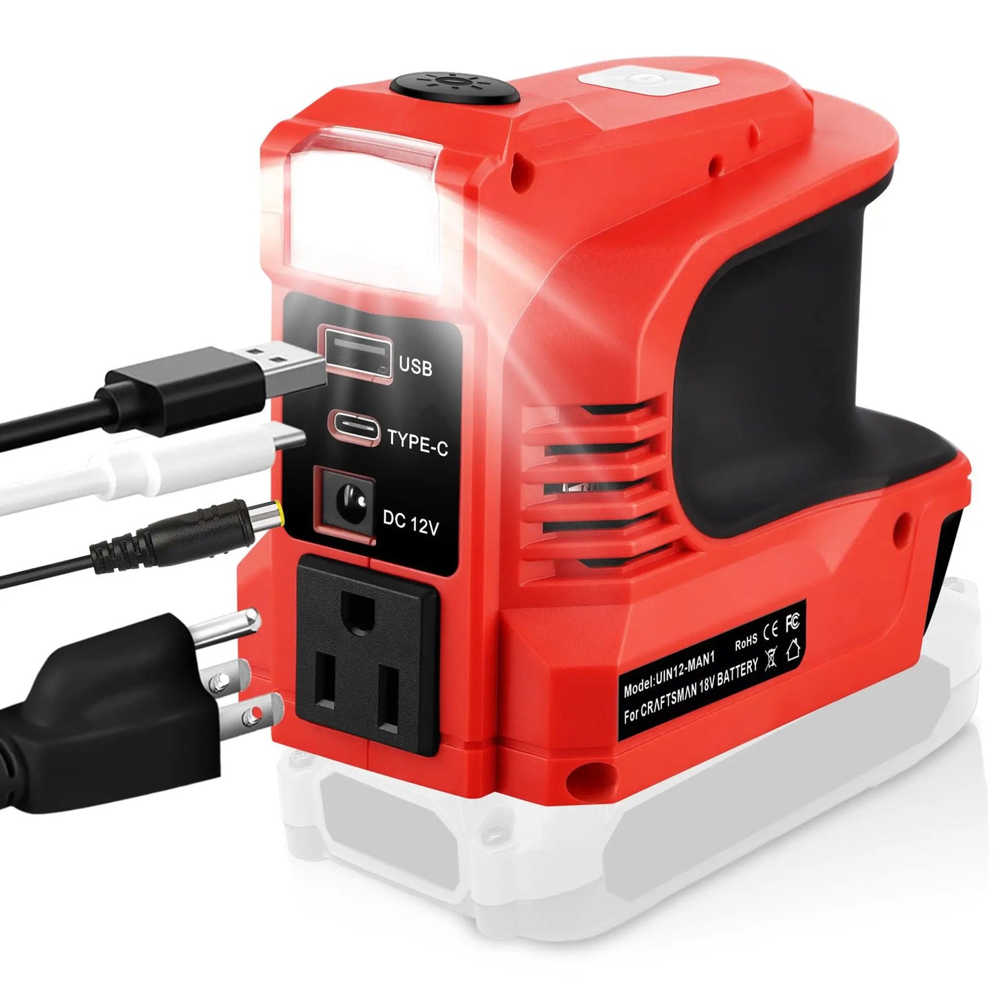 Inverter For Milwaukee 18V Battery AC 110V 180W USB QC3.0 Type C PD3.0 DC Port 12V 8A LED Light Car Charger