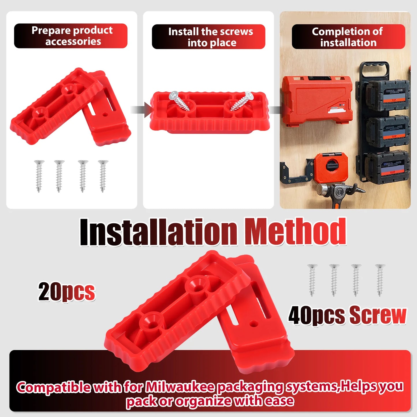 20Pcs Mounting Feet Set for Milwaukee Packout System Heavy Duty Plastic Brackets Pre-drilled Holes for Workshop Garage DIY Home