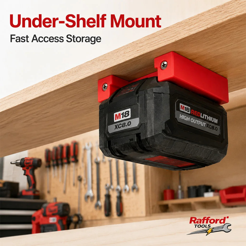 Rafford 1PC Battery Holder Compatible with Milwaukee M18 Batteries, Wall Mount Under-Shelf Storage Rack for Garage Workshop