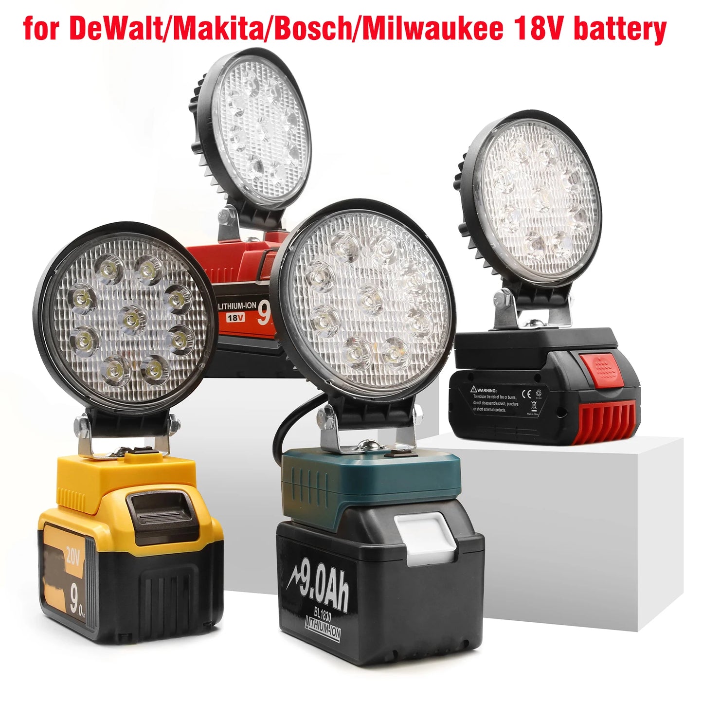 9 LED Portable Work Light Tool Lamp Suitable for Bosch/Dewalt/Milwaukee/Makita 18V Li-On BATTERY