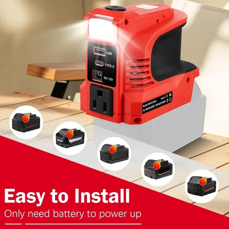 Inverter For Milwaukee 18V Battery AC 110V 180W USB QC3.0 Type C PD3.0 DC Port 12V 8A LED Light Car Charger