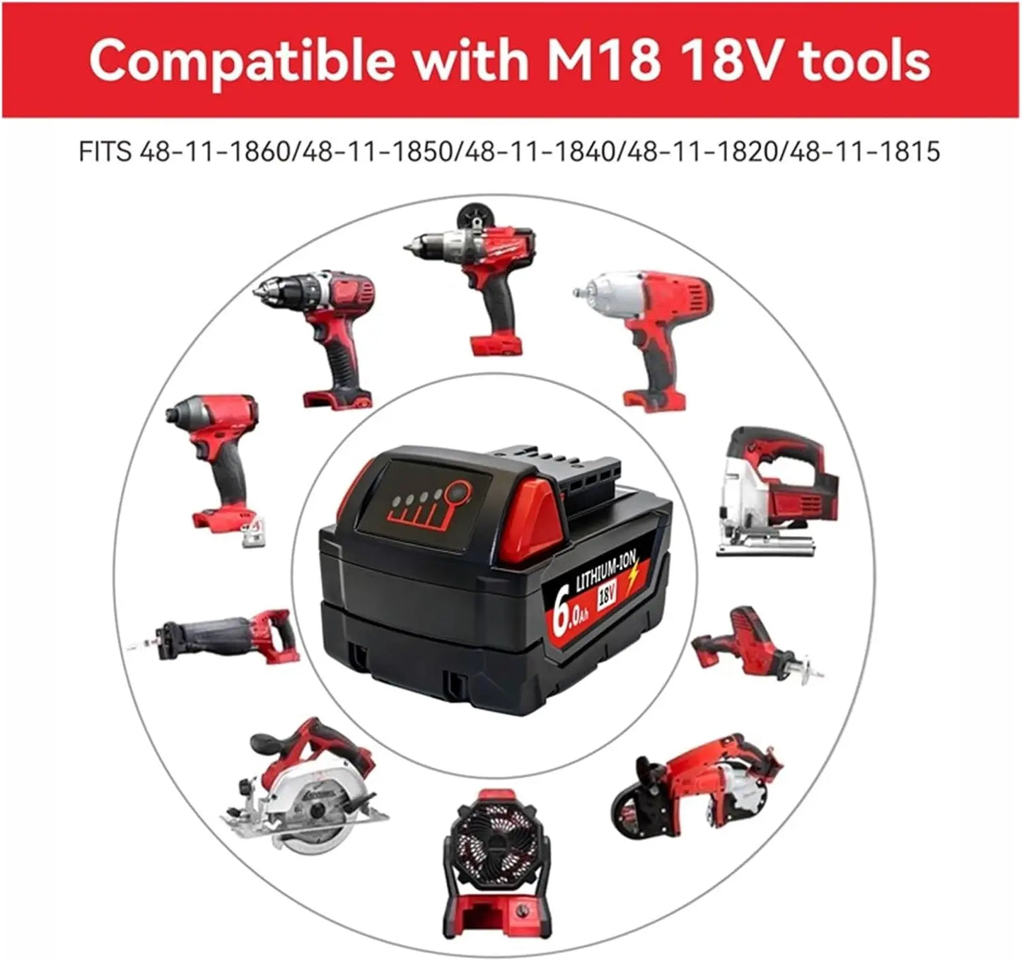 6.0Ah/9.0Ah/12.0Ah For Milwaukee M18 18V Replacement For Milwaukee M18B5 XC Li-ion battery 48-11-1815 2604-20 48-11-1850 charger