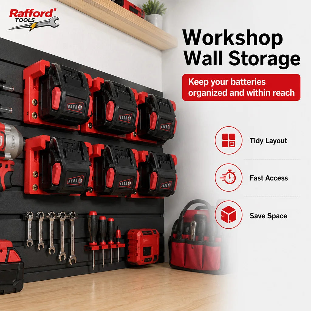Rafford 1PC Battery Holder Compatible with Milwaukee M18 Batteries, Wall Mount Under-Shelf Storage Rack for Garage Workshop