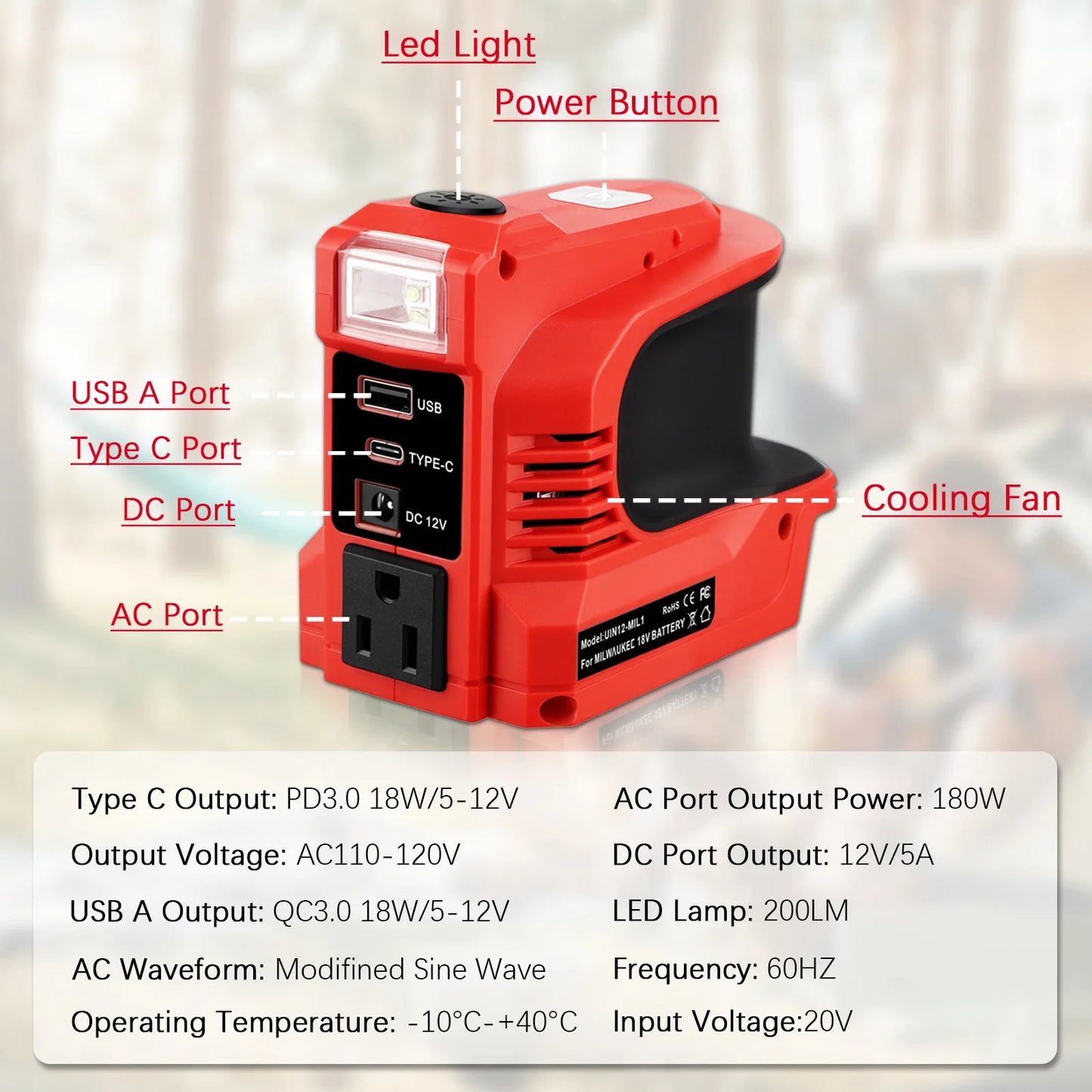 Inverter For Milwaukee 18V Battery AC 110V 180W USB QC3.0 Type C PD3.0 DC Port 12V 8A LED Light Car Charger