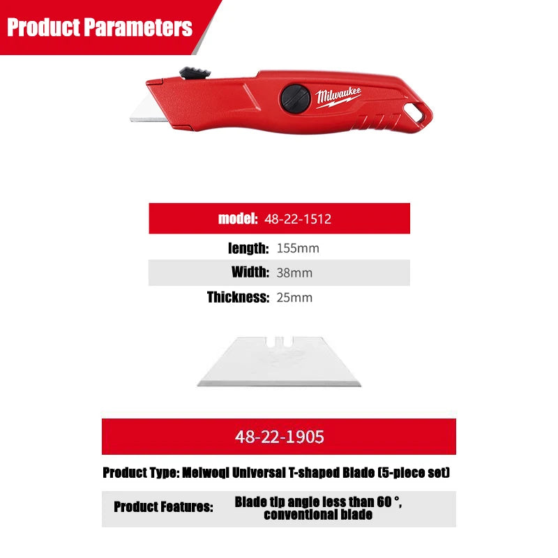 Milwaukee Rounded corner safety knife, automatic retractable pocket knife, art knife tool accessories 4932471360/48-22-1512