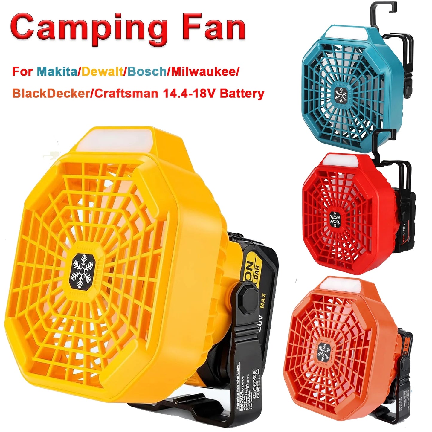 Cordless Fan with Remote Dimmable LED Light  3 Speeds Camping Fan for 18V Makita/Dewalt/Bosch Milwaukee /Black Decker /craftsman