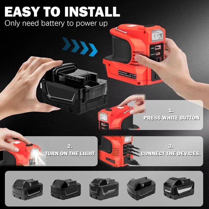 Inverter For Milwaukee 18V Battery AC 110V 180W USB QC3.0 Type C PD3.0 DC Port 12V 8A LED Light Car Charger