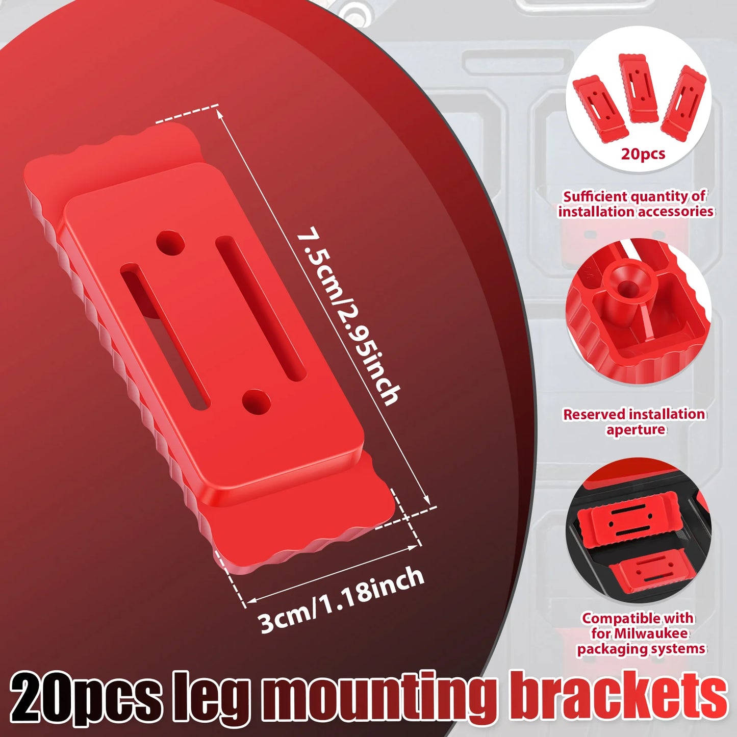 20Pcs Mounting Feet Set for Milwaukee Packout System Heavy Duty Plastic Brackets Pre-drilled Holes for Workshop Garage DIY Home