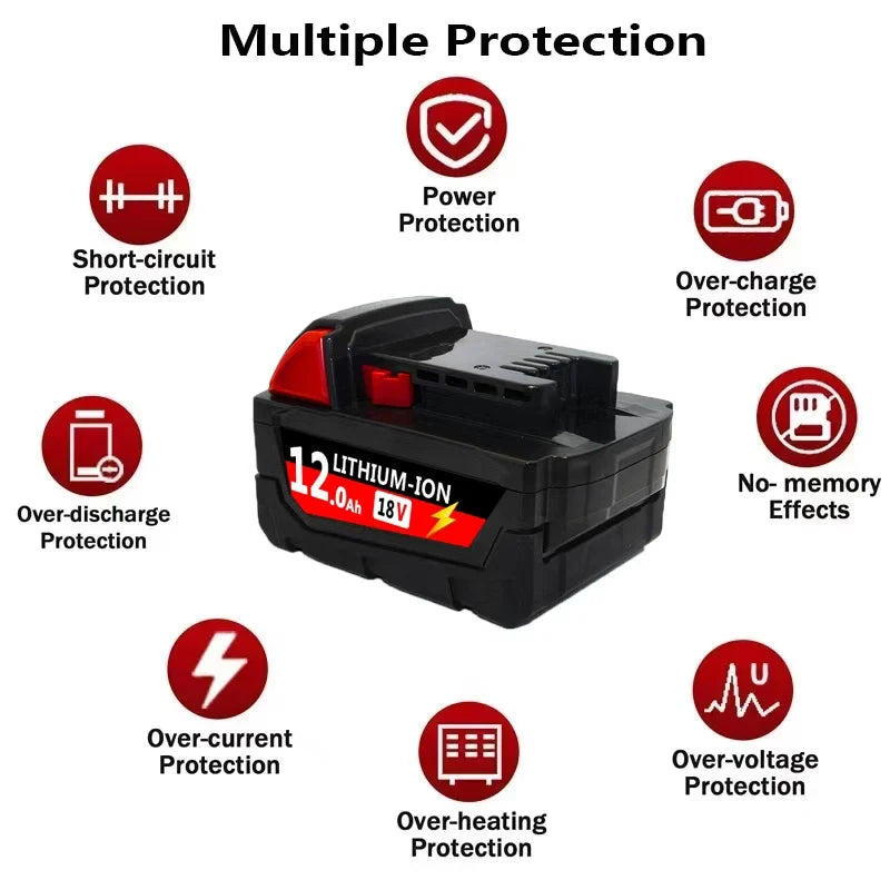100% Compatible with Milwaukee M18 Tools Fits all M18 cordless tools 6000Ah/9000Ah/12000Ah replaces M18B5&48-11-1860 batteries