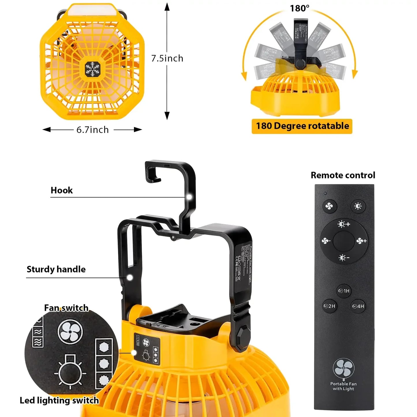 Cordless Fan with Remote Dimmable LED Light  3 Speeds Camping Fan for 18V Makita/Dewalt/Bosch Milwaukee /Black Decker /craftsman