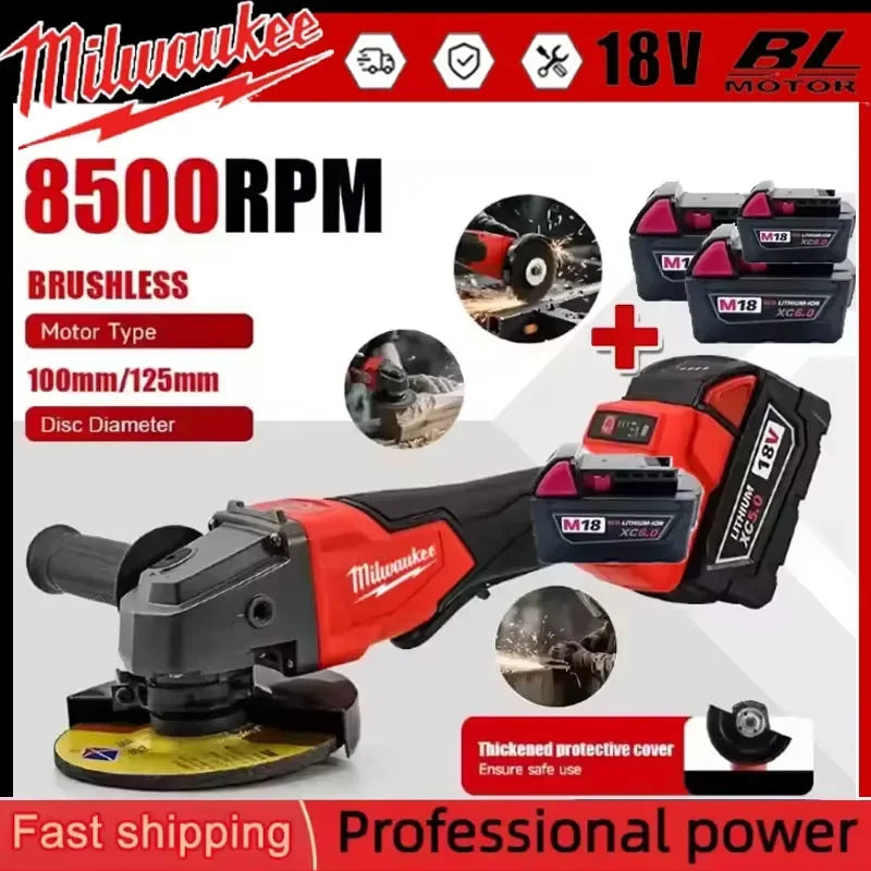 2025 Milwaukee 125mm Brushless Angle Grinder Polishing Cutting Machine No-Lock Paddle Switch Electric Cordless Power Tools