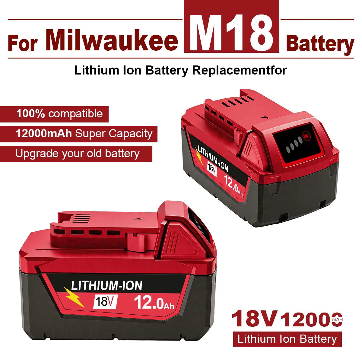 For Milwaukee M18 12.0Ah Battery XC 12000mAh Replacement for 48-11-1860 M18B5 18V Li-ion Cordless Power Tool High Capacity18650